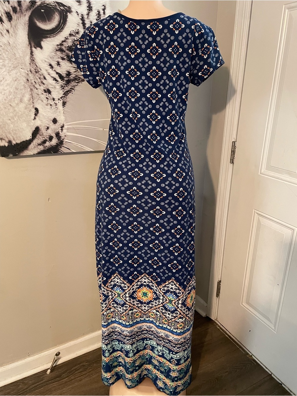 90s Derek Heart Women's Navy Patterned Maxi Dress geometric print Large comfy - Picture 5 of 8
